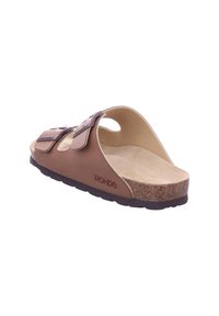 Brown leather slide sandal with two adjustable straps, cork footbed, rounded shape, and textured sole. Features ROHDE logo on side.