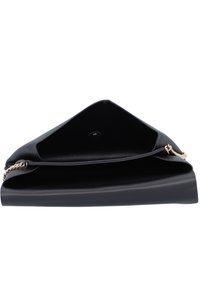 Black leather clutch bag with a flat, angular design. Features a gold chain strap and a snap closure. Interior is spacious and lined.