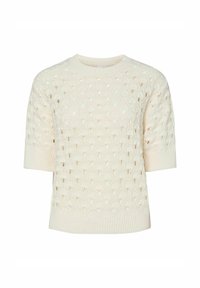 Krämsfärgad stickad tröja med ett texturerat mönster, korta ärmar och ribbad fåll. Har ett öppet mönster.