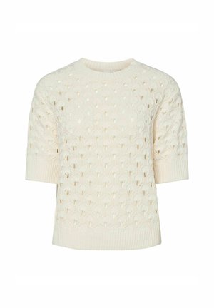 Kremfarget strikket genser med teksturert mønster, korte ermer og ribbestrikket kant. Har et åpen design.