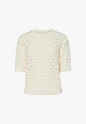 Valkoinen neulepusero, jossa on teksturoitu pinta, lyhyet hihat ja ribbaushelma. Sisältää avointa neulosta.