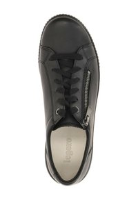 Baskets en cuir noir avec un bout rond, des lacets et une fermeture éclair sur le côté. Présentent une texture lisse et une semelle en caoutchouc. L'intérieur affiche la marque "legero."