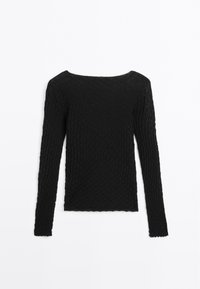 Long-sleeve black knit top with a textured pattern, featuring a wide neckline and straight cut. The fabric appears lightweight and stretchy.