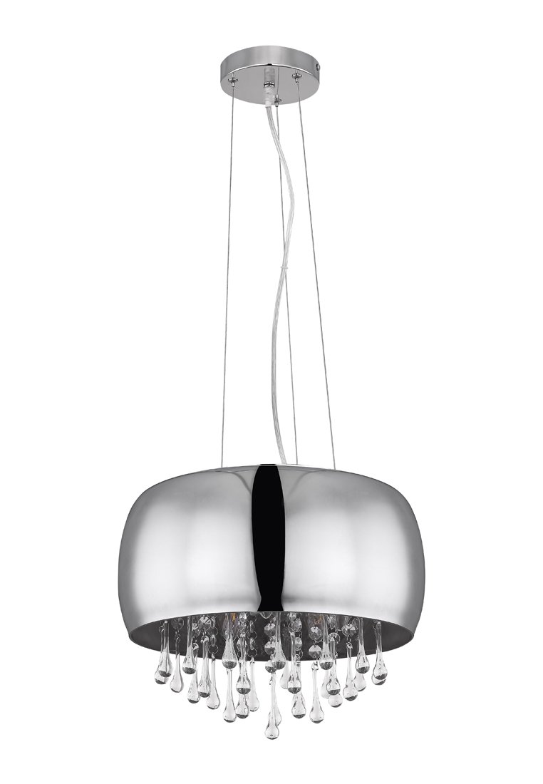 Deckenleuchte mit verchromter Oberfläche, runder Schalenform und klaren Glaskugeln, die darunter hängen und mit klaren Kabeln montiert sind.