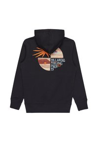 Felpa nera con un grafico circolare colorato che presenta un sole e dei motivi, la scritta "BILLABONG FEELING FREE 73" in blu e arancione.