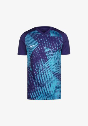Das Nike T-Shirt mit kurzen Ärmeln hat ein V-Ausschnitt-Design. Hergestellt aus einem Stoff mit einem blauen abstrakten Muster auf lila Hintergrund. Normale Passform.