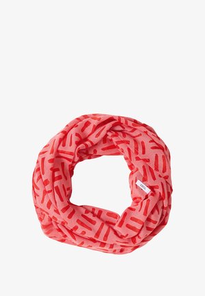 Leichter roter Infinity-Schal aus weichem, transparentem Stoff mit abstrakten, verlängerten Pinselstrich-Mustern in dunklerem Rot.