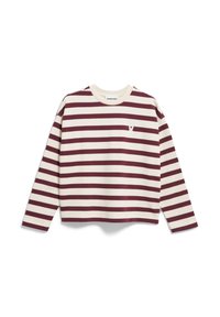 Langärmliges, Rundhalsoberteil in Creme mit maroonfarbenen Horizontalstreifen. Verfügt über ein kleines weißes Motiv auf der Brust. Aus weichem Baumwollmaterial.