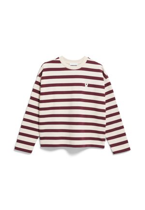 Long-sleeve, crew neck top in cream with maroon horizontal stripes. Features a small white graphic on the chest. Soft cotton material.
