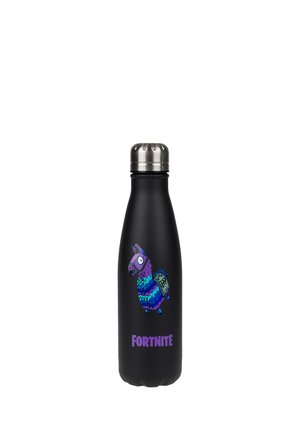 Czarna metalowa butelka na wodę z logo Fortnite lamy w kolorze niebieskim i fioletowym oraz tekstem "FORTNITE" w kolorze fioletowym pod obrazkiem.