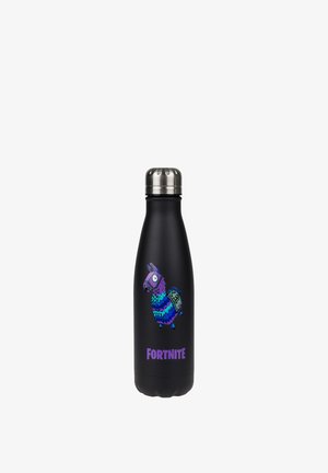 Czarna metalowa butelka na wodę z logo Fortnite lamy w kolorze niebieskim i fioletowym oraz tekstem "FORTNITE" w kolorze fioletowym pod obrazkiem.