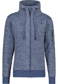 Niebieska melanżowa bluza z kapturem, zapinana na zamek, z wysokim kołnierzem, regulowanymi sznurkami, ściągaczami na końcach rękawów i u dołu oraz zasuwaną kieszenią na lewym rękawie.