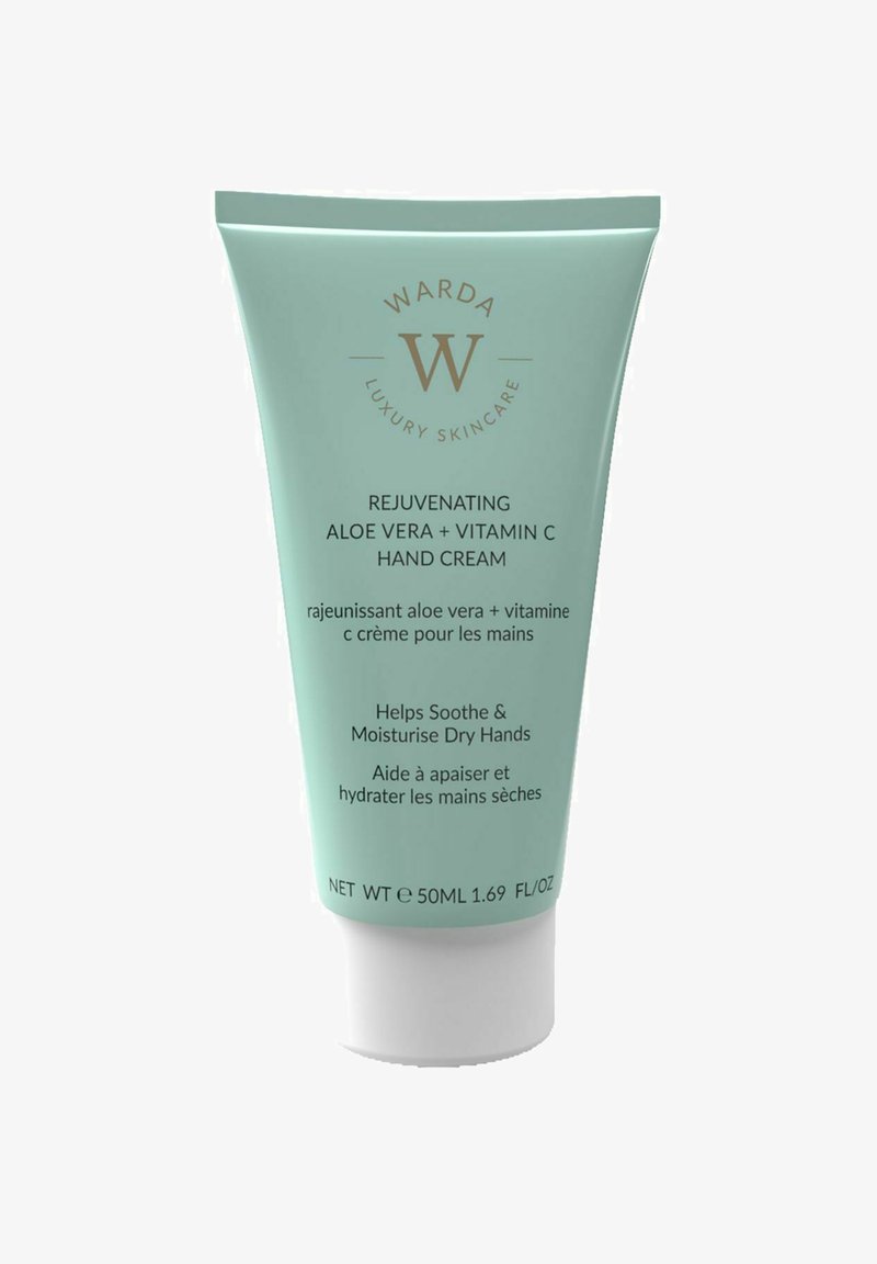 Miętowozielona tubka wyciskana z białą zakrętką, oznaczona napisem "Krem do rąk z aloesem i witaminą C" oraz dodatkowymi informacjami o produkcie w języku francuskim.