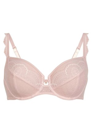 Light pink bra featuring lace trim, a textured pattern, and a central clip closure. Adjustable straps with floral accents on edges.