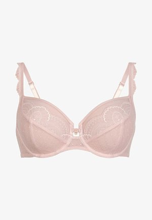 Light pink bra featuring lace trim, a textured pattern, and a central clip closure. Adjustable straps with floral accents on edges.