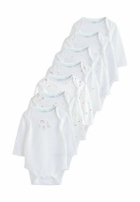 Ensemble de six bodies à manches longues en tissu blanc ; présente des motifs discrets incluant des animaux et des arcs-en-ciel, avec des fermetures à pression en bas.