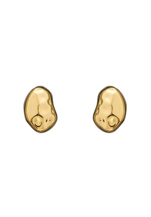 Orecchini in metallo color oro con una forma abstracta caratterizzata da superfici lisce e riflettenti e bordi leggermente ondulati.