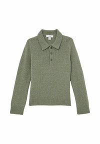 Horgolt póló pulóver tompa zöld színben, bordás gallérral, három gombos zárással és bordás mandzsettával. Puha tapintású és letisztult fazonú.