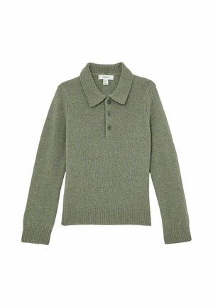 Neulepolo-sweater hillityssä vihreässä, jossa on ribbireunus, kolmen napin alasrivitus ja ribbihihansuut. Pehmeä tekstuuri ja virtaviivainen siluetti.