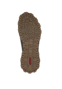 Braune Gummi-Außensohle mit angularem Profil, ausgestattet mit einer zentralen Logo-Fläche. Strukturiert Oberfläche für besseren Halt und Langlebigkeit.