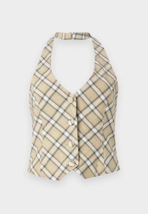 Top halter xadrez em bege com detalhes em preto e branco, apresentando um decote V profundo e cinco botões frontais. O tecido tem uma textura suave.