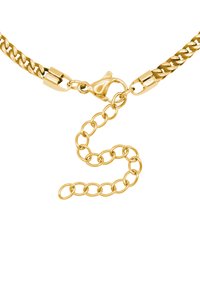 Collana in oro con maglie intrecciate, dotata di chiusura a moschettone e una catena estensibile regolabile con maglie circolari.
