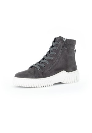 Gray suede high-top sneaker with white rubber sole, featuring laces and a side zipper. Textured upper and detailed stitching.