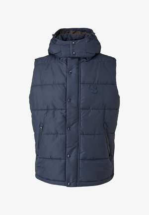 Marineblauw geïsoleerd vest met hoge hals, knoopsluiting en twee ritszakken. Heeft een geborduurde textuur en een logoaccent op de borst.