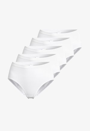 Valkea puuvillainen alushoususetti, jossa on viisi kappaletta. Ne tarjoavat yksinkertaisen muotoilun, sileän tekstuurin ja joustavan vyötärön.