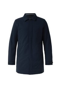 Marineblauwe, middellange jas gemaakt van een gladde, lichte stof. Bevat een knoopsluiting, zijzakken en een klassiek kraagontwerp.