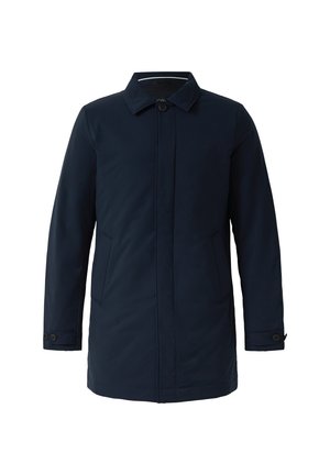 Navy blue, mid-length coat made from a smooth, lightweight fabric. Features a button closure, side pockets, and a classic collar design.