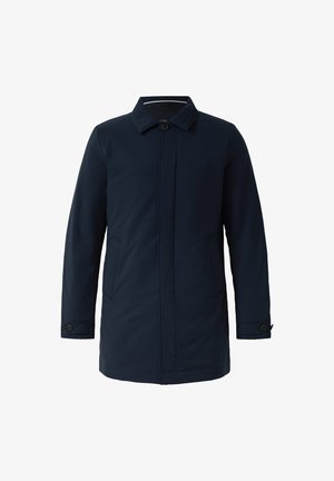 Marineblauwe, middellange jas gemaakt van een gladde, lichte stof. Bevat een knoopsluiting, zijzakken en een klassiek kraagontwerp.