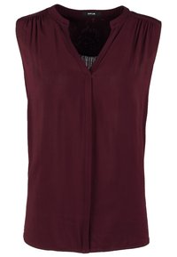 Burgundy sleeveless top with a V-neck, pleated shoulders, and a smooth texture. Features a central placket with a button closure.