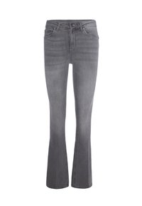 Jeans grigi flared realizzati in denim, con vita media, tasche frontali e minimale sbiadimento. Cuciture visibili lungo le cuciture.