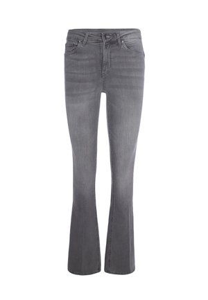 Jeans grigi flared realizzati in denim, con vita media, tasche frontali e minimale sbiadimento. Cuciture visibili lungo le cuciture.
