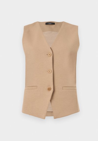 Μπεζ αμάνικο γιλέκο με τρία κουμπιά στο μπροστινό μέρος και δύο τσέπες, κατασκευασμένο από λεία ύφανση με V-λαιμόκοψη.