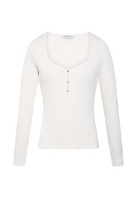 Un haut blanc à manches longues avec un décolleté arrondi et trois boutons décoratifs à l'avant. Fabriqué en tissu doux avec une coupe ajustée.