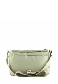 Sac messager rembourré en tissu vert clair avec fermeture éclair, sangle réglable et poche avant. Texture lisse et forme rectangulaire.