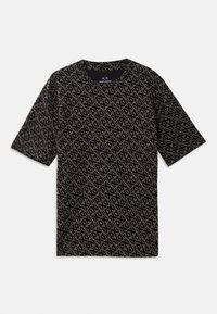 Tricou negru cu un model geometric overall de culoare aurie. Mâneci scurte, guler circular, material ușor, croială casual.