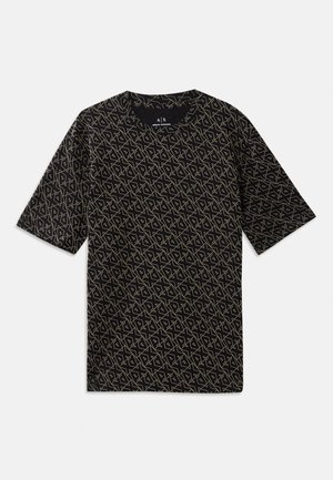 Zwarte T-shirt met een all-over geometrisch patroon in goud. Korte mouwen, ronde hals, lichtgewicht stof, casual pasvorm.
