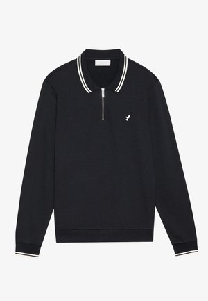 Black long-sleeve polo with a quarter zip, featuring white stripes on the collar and cuffs, and a small embroidered logo on the chest.