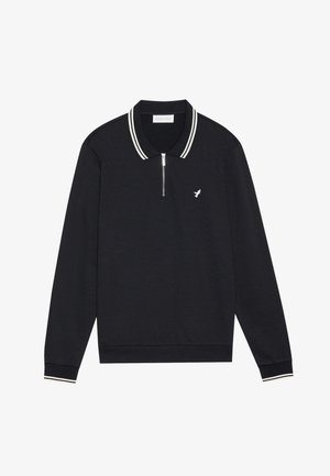 Black long-sleeve polo with a quarter zip, featuring white stripes on the collar and cuffs, and a small embroidered logo on the chest.