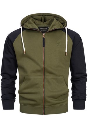 Zelena i crna zip-up hoodie od pamuka, s känguru džepom, podesivim kapuljačom, rebrastim manžetama i logotipom.