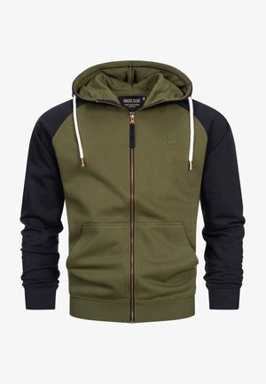 Zielona i czarna bluza z kapturem na zamek, wykonana z mieszanki bawełny, z kangurzą kieszenią, regulowanym kapturem ze sznurkiem, ściągaczami przy mankietach oraz szczegółem z logo.