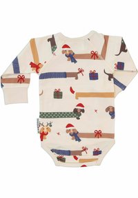 Langærmet heldragt med en cremefarvet baggrund og farverige hundeillustrationer, gaveæsker og detaljer som tørklæder og julestrikhuer.