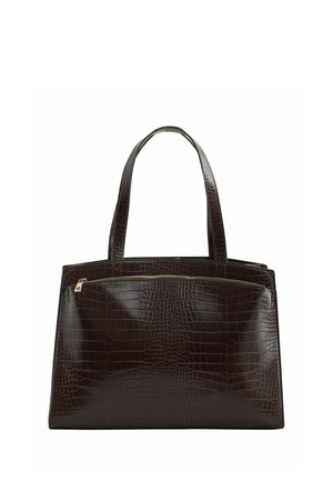 Dunkelbraune Handtasche aus Kunst-Krokodilleder mit zwei Griffen und einer vorderen Reißverschlusstasche.