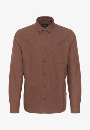 Brūna krekla ar pogām ar apkakli, krūšu kabatu un brūnām pogām. Gluda tekstūra ar niansētu auduma rakstu. Garas piedurknes.