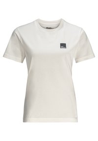 Světle krémové bavlněné tričko s krátkými rukávy, kulatým výstřihem a malým černým čtvercovým logem na levé hrudi. Hladká textura, klasický střih.