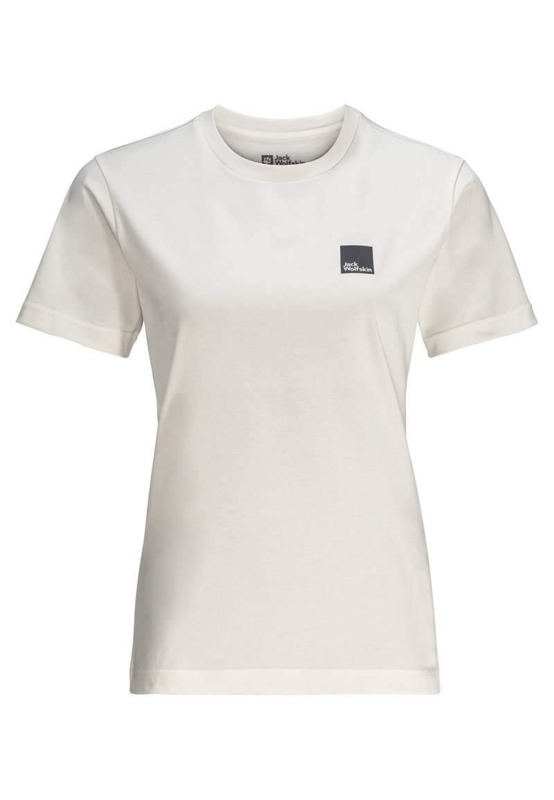 Světle krémové bavlněné tričko s krátkými rukávy, kulatým výstřihem a malým černým čtvercovým logem na levé hrudi. Hladká textura, klasický střih.