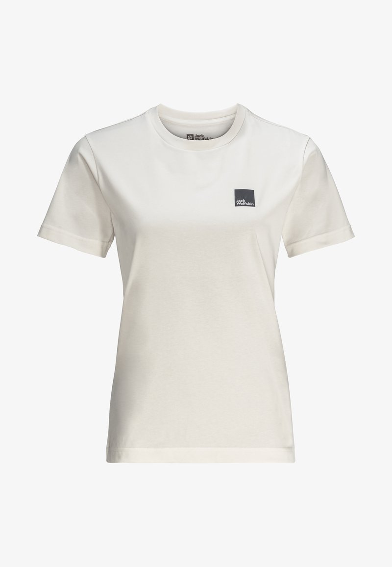 Světle krémové bavlněné tričko s krátkými rukávy, kulatým výstřihem a malým černým čtvercovým logem na levé hrudi. Hladká textura, klasický střih.